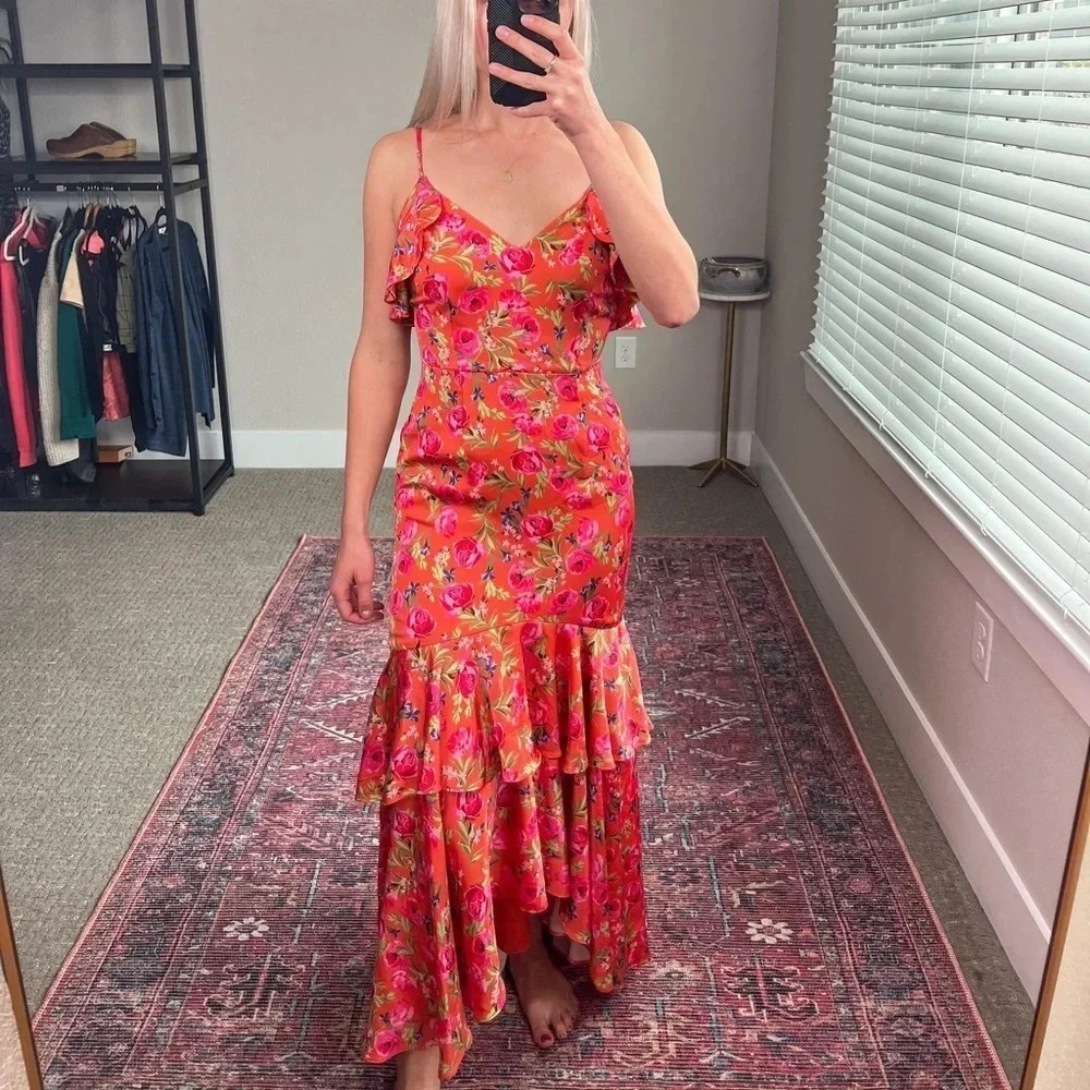 Keepsake The Label Coral Tiered Ruffle Maxi Dress Floral XS